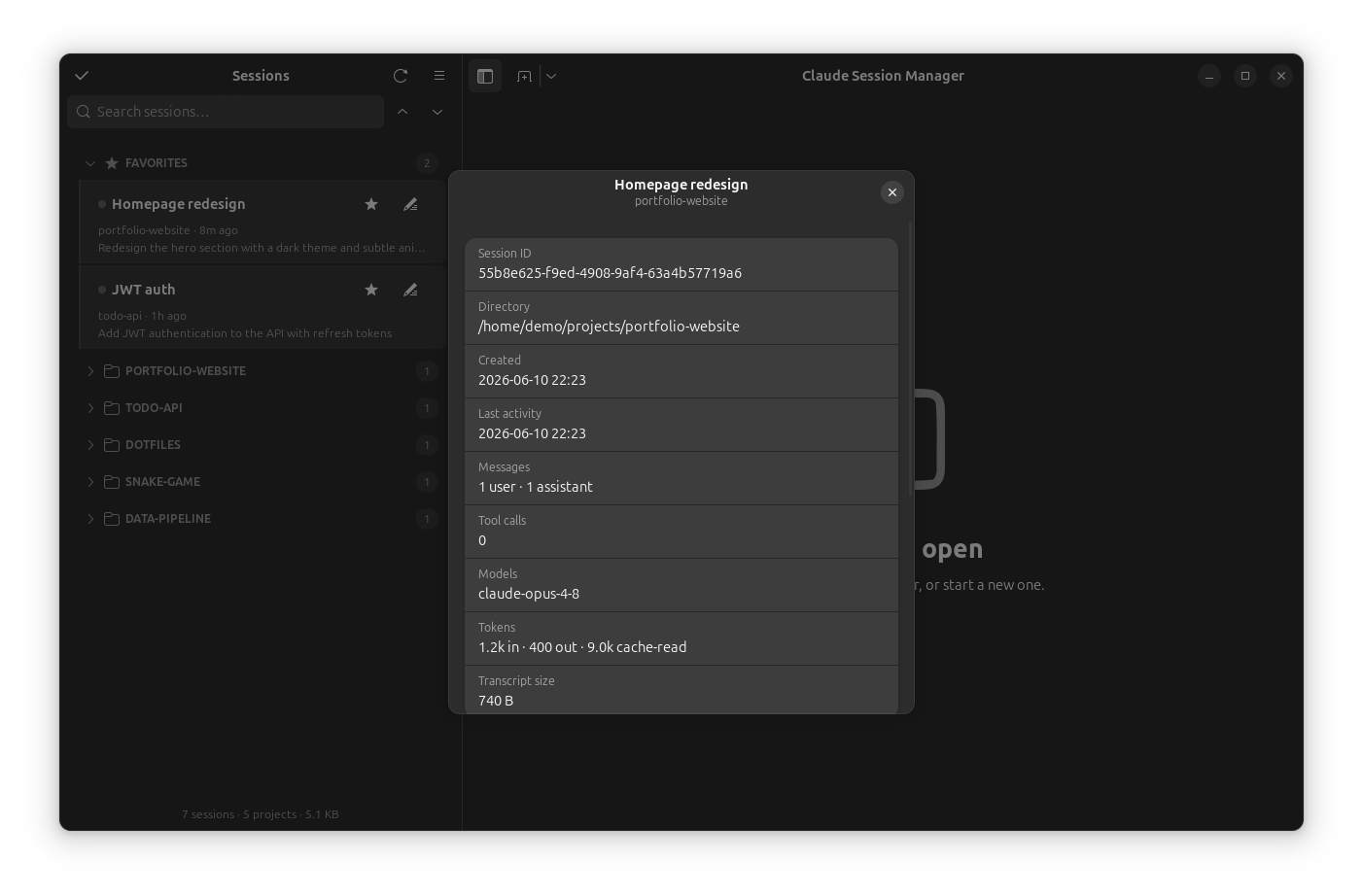 Session details dialog