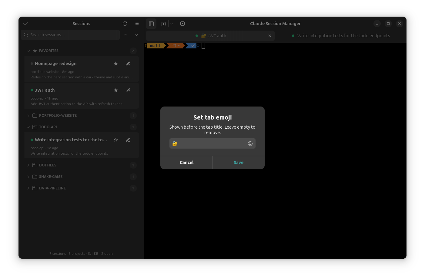 Setting a tab emoji, with two sessions open as tabs